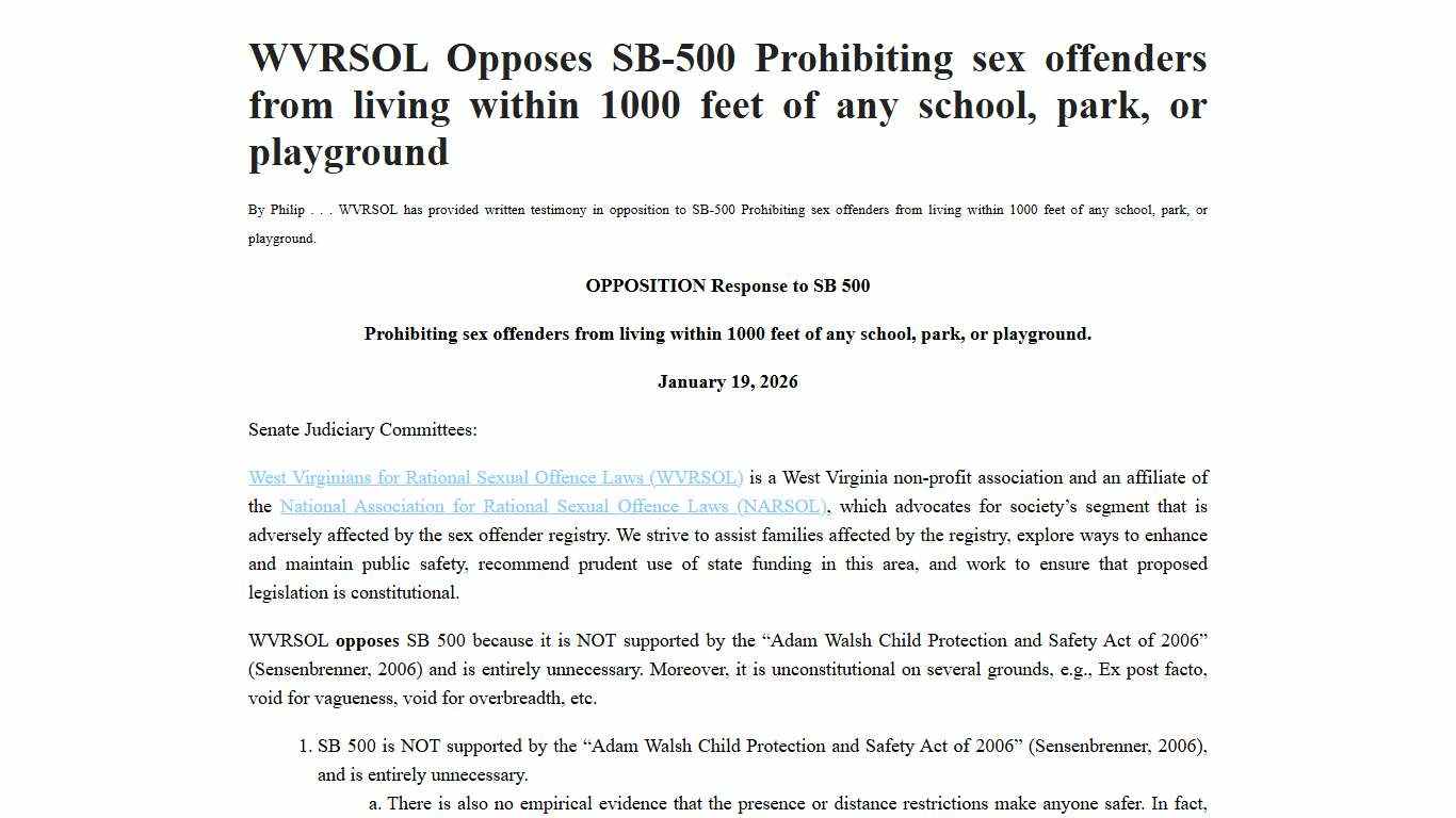 WVRSOL Opposes SB-500 Prohibiting sex offenders from living within 1000 feet of any school, park, or playground - WVRSOL